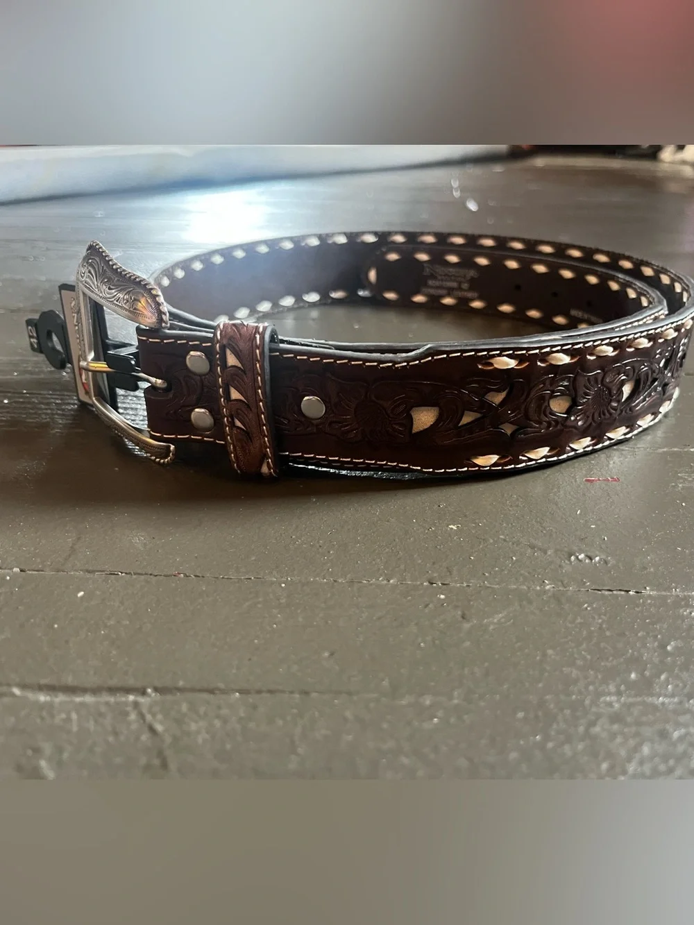 Nocona Dark Brown Tooled Leather Belt with Cream Inlay